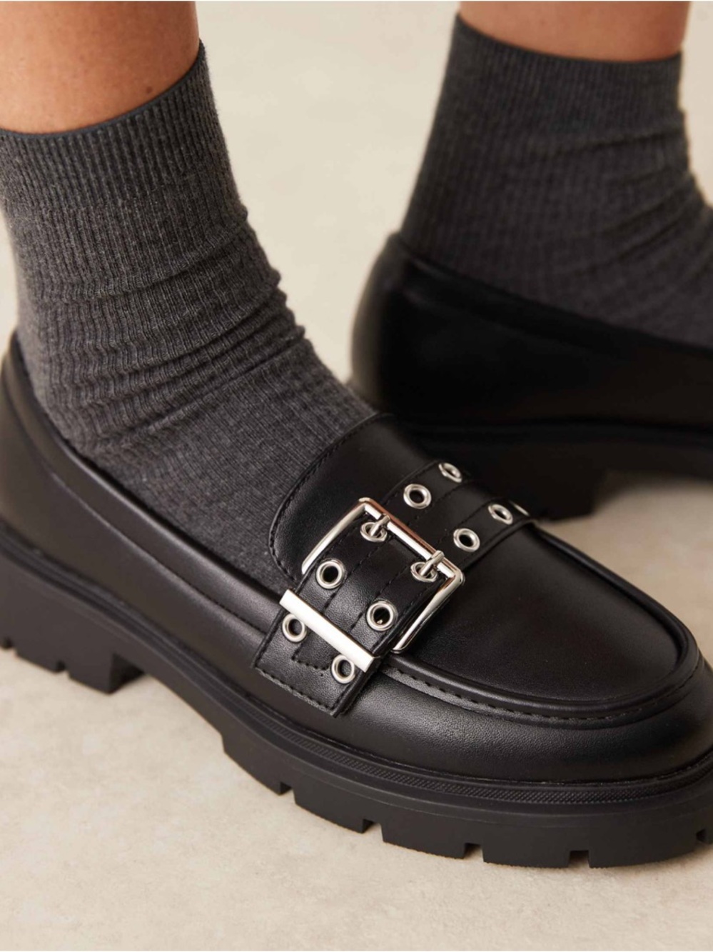 ASOS Black Lug-Sole Loafers with Buckle and Eyelet Trim - Picture 4 of 4